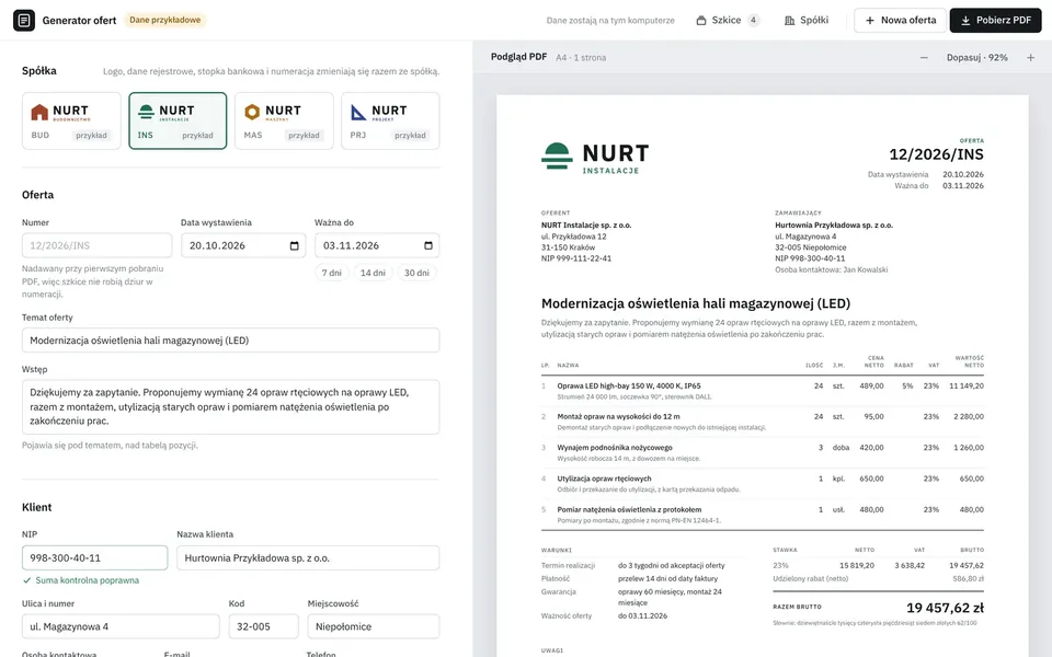 Generator ofert: po lewej formularz oferty z wyborem firmy, po prawej podgląd oferty PDF z tabelą pozycji i sumami VAT
